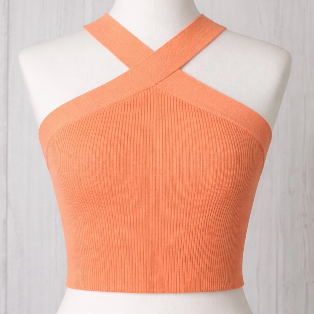 Sunday Skin Peach/Coral/Orange Ribbed Cross Strap Halter Crop Top NWT Size L